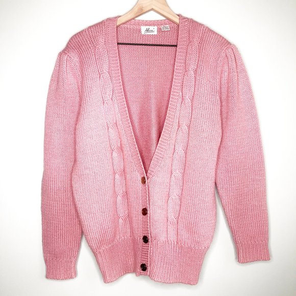 Vintage Oversized Pink Cable Knit Cardigan Sweater - Picture 3 of 7